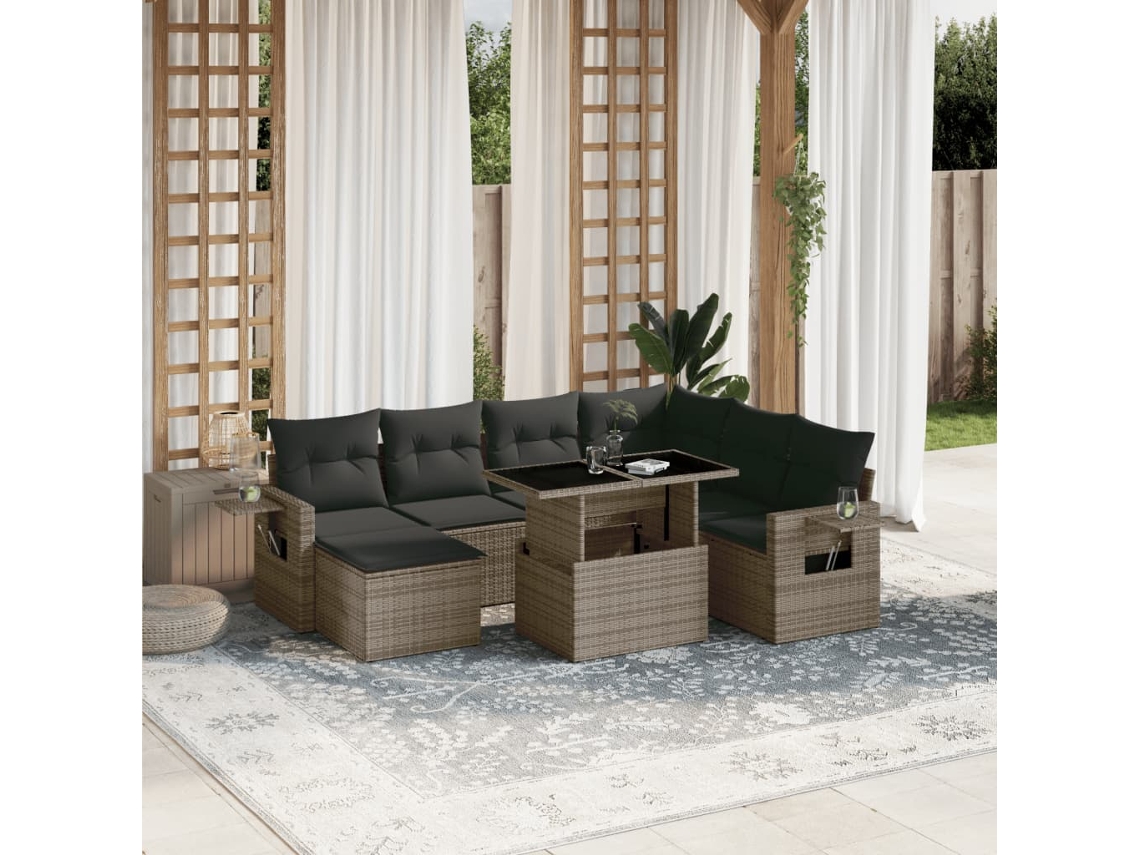 Vidaxl 8 Pcs Conjunto Sofás De Jardim C/ Almofadões Vime Pe Cinzento