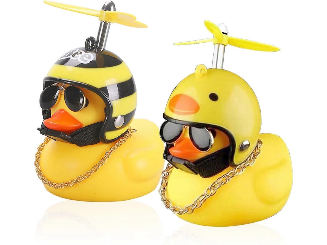 Decoração para painel de carro Rebe: Pato amarelo com capacete, hélice e óculos de proteção.