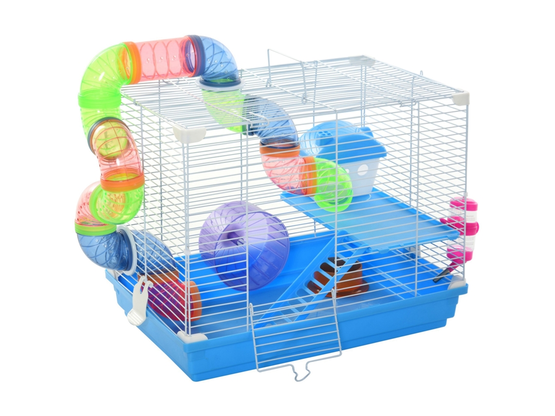 Gaiola de Hamster de 2 Andares com Tanque de Água, Bandeja Removível, Túnel e Roda para Hamsters, 46x30x37cm, Azul e Branco Ge