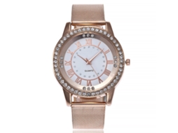 Relógio de Pulso Feminino Vansvar com Cinto de Malha de Aço e Números Romanos Rose Gold White