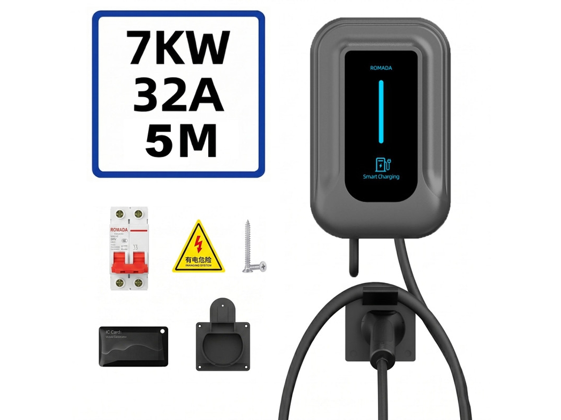 Wallbox Carregador Carro Elétrico Tipo 2 SZSMART Qc5 7kw 32a Monofásico Ajustável, Leitor Rfid, Led, Cabo Aberto 5m