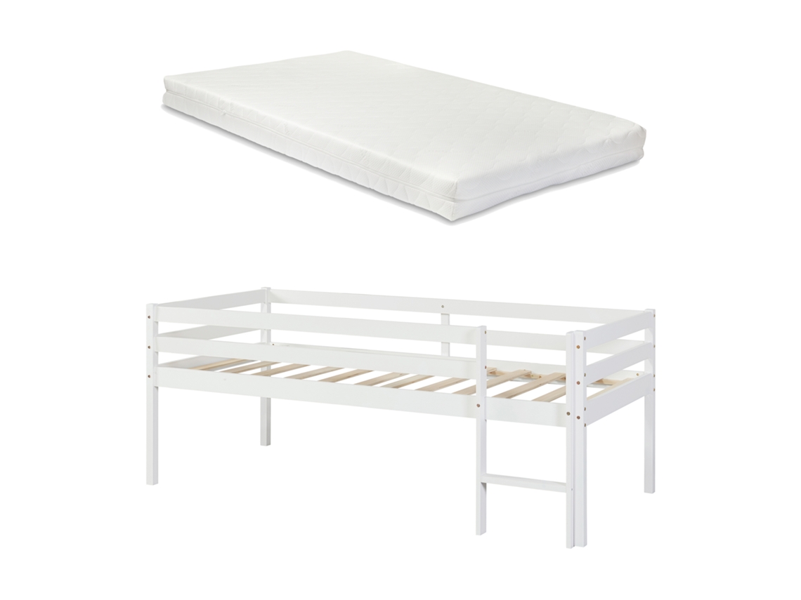 Cama Alta para Crianças Siikalatva com Colchão de Madeira de Pinho 90 X 200 Cm Branco [EN.CASA]