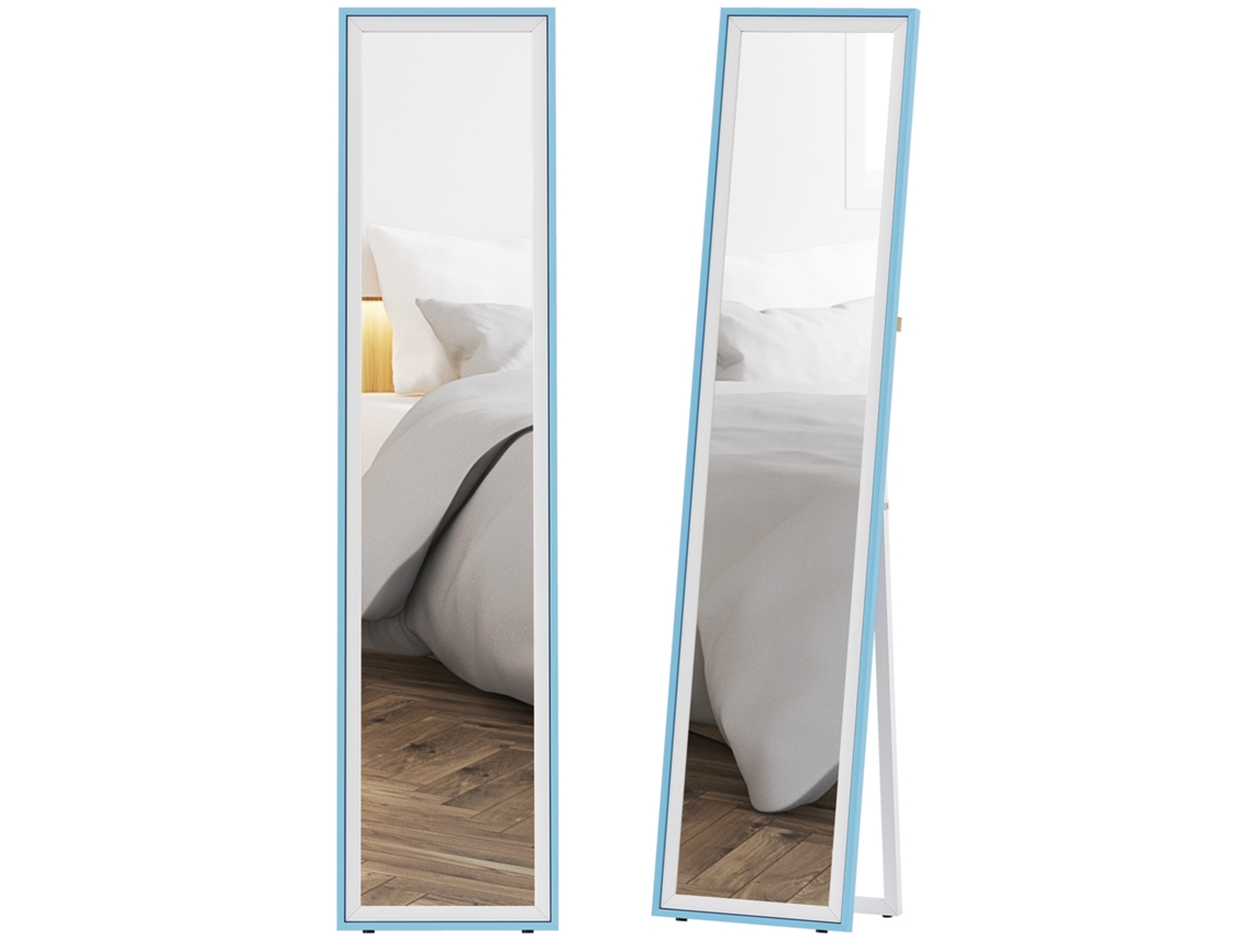 Espelho de Pé com Moldura em Mdf Espelho de Parede Retangular com 2 Formas de Utilização e 157x37 Cm Branco Azul