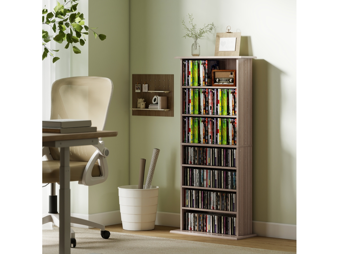 Rangements Pour Cd Et Dvd Avec 8 Compartiments Et 6 Étagères Réglables, Capacité Max. 360 Cd/185 Dvd Et Blu-ray, Naturel