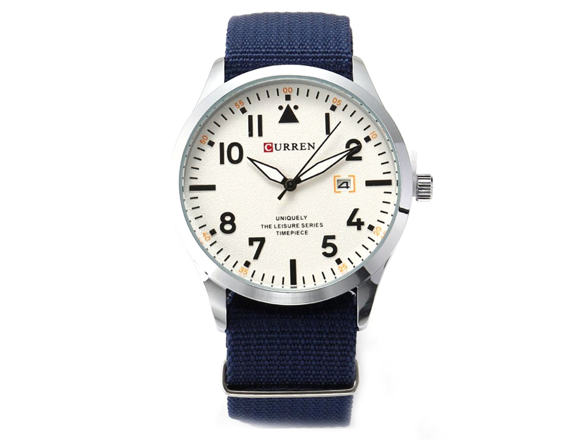 Reloj Deportivo De Cuarzo Para Hombre Con Correa De Lona Impermeable Calendario Blanco Azul