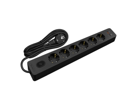 Multiplicador Tomadas SELDUR G6Th12S 6 Tomadas Tipo F + Interruptor Usb A+C Carregamento Rápido 20W Preto Cabo 1.5M