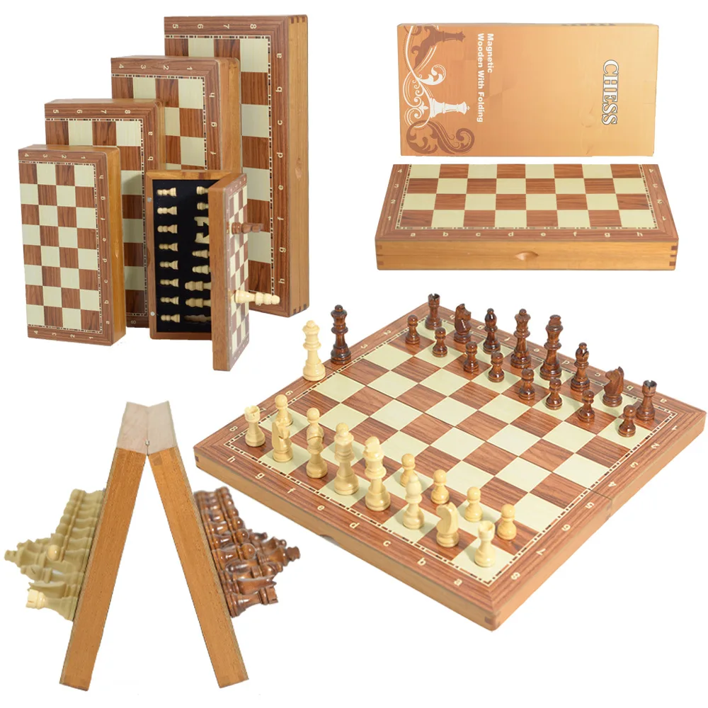 Jogo De Xadrez Dobrável De Madeira Com Ímã (34 Cm), Tabuleiro De Feltro, Adequado Para Adultos E Crianças, Perfeito Para Jogos Em Família.