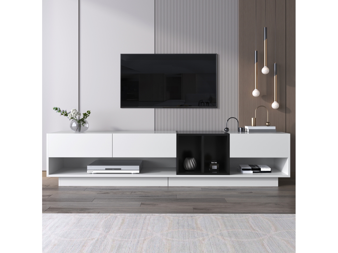 Móvel de Tv Branco e Preto Brilhante, 190x40x42 Cm, 3 Gavetas, 2 Nichos Abertos, Design Moderno Color Block KOMHTOM