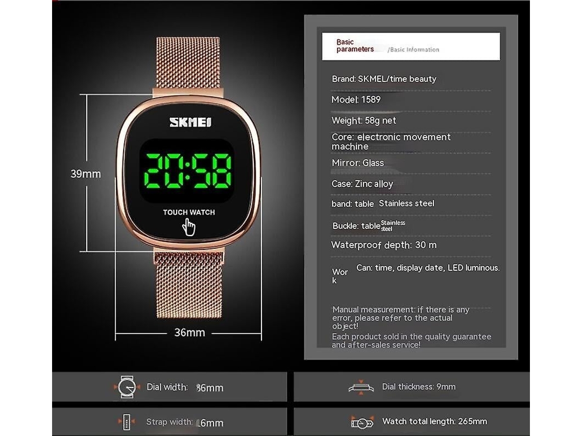 Lurelia Relógio Digital Desportivo, Visor Digital, Led, Data/calendário, 36mm, Aço Inoxidável, Liga De Zinco, Resistente À Água 30m, Dourado