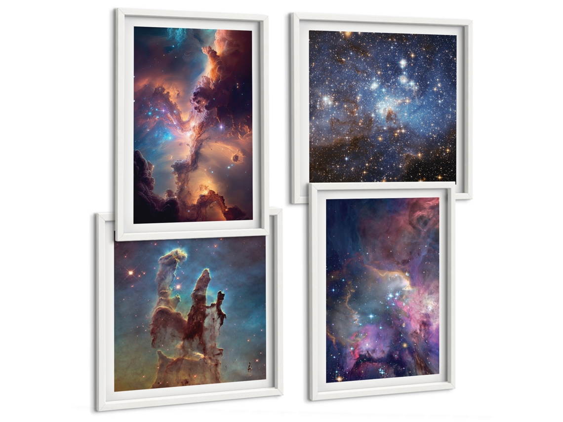 Quadros Decorativos Para Parede Paisagens Estelares Cósmicas Moldura Branca Pinturas De Quarto Espelharte (conjunto De 4 Imagens)