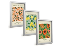 Quadros Decorativos Para Paredefrutas Cítricas Tropicais Retrô Moldura Prateada Quadros Para O Escritório Espelharte (3 Peças 20x30 Cm)