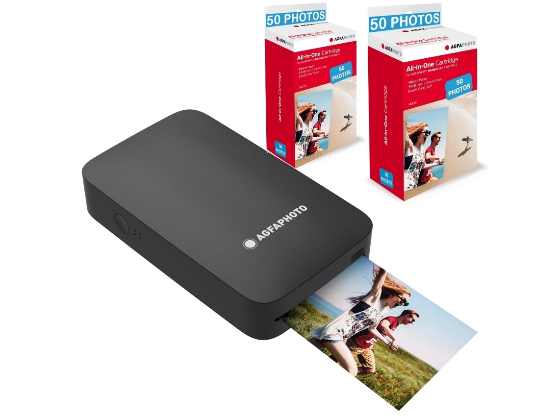 Pacote de Impressora Realipix Mini P AGFAPHOTO + Cartuchos e Papéis para 100 Fotos Formato 5,3x8,6 Cm via Bluetooth