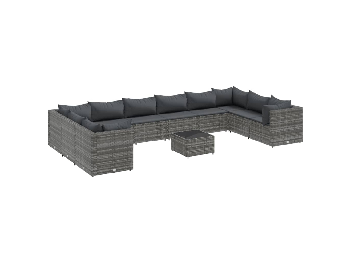 11 Pcs Conjunto Lounge de Jardim C/ Almofadões Vime Pe Cinzento MAISON EXCLUSIVE