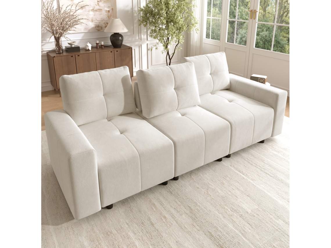 Sofá Modular 3 Lugares Em Chenille Com Função Cama E Assento Profundo Ajustável