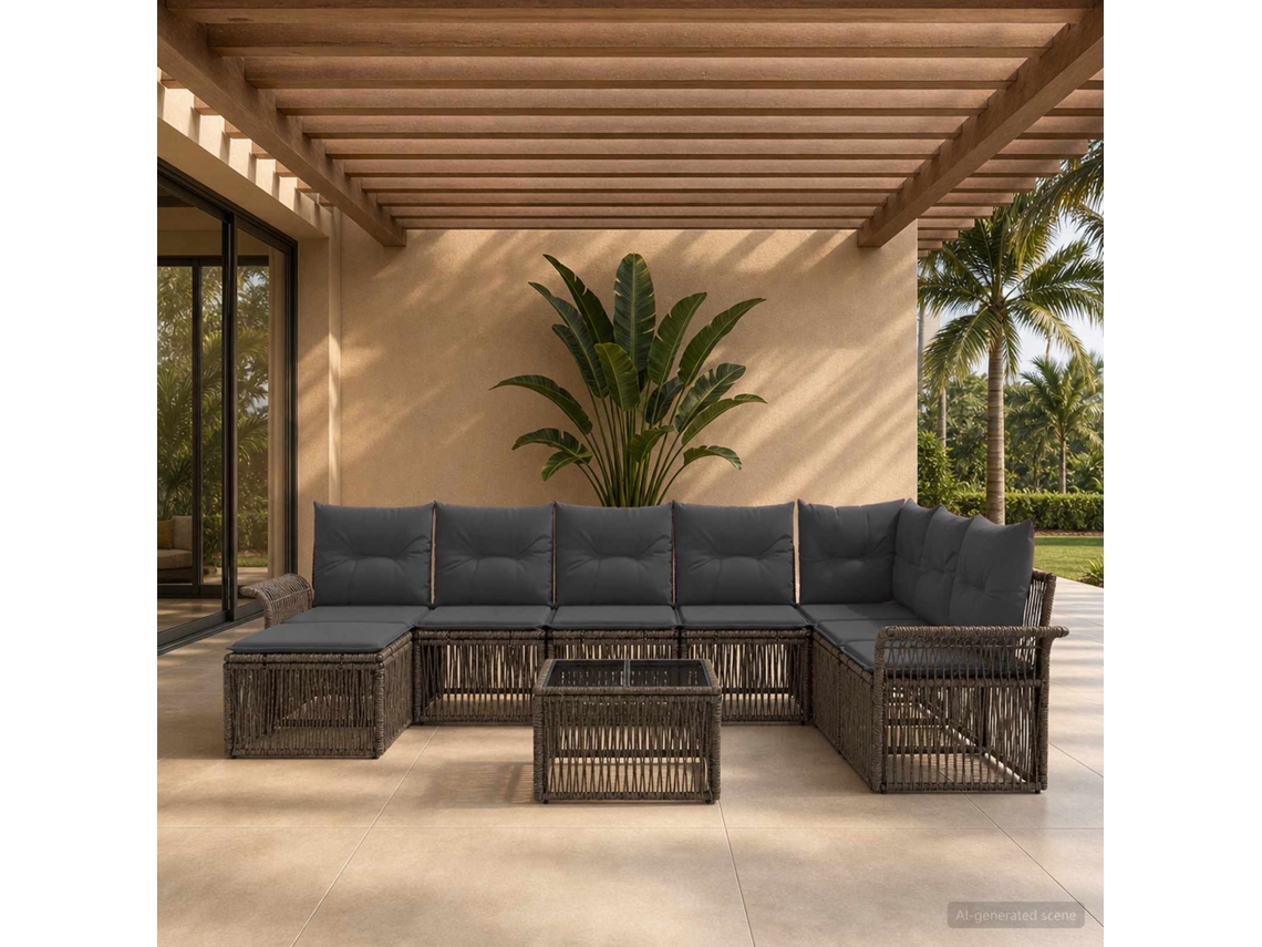 Vidaxl Conjunto De Sofá De Jardim 9 Pcs Cinzento Vime Pe