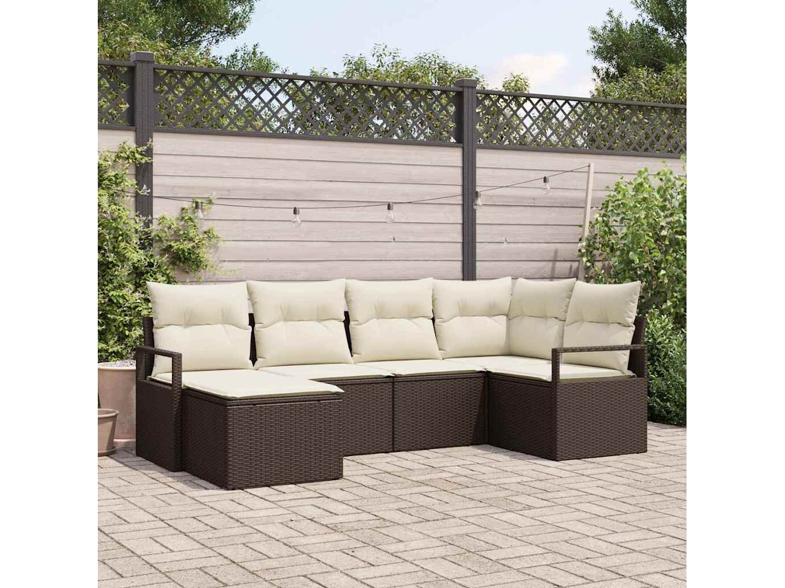 Vidaxl Conjunto De Sofás Com Almofada 6 Pcs Marrom E Creme Vime Pe