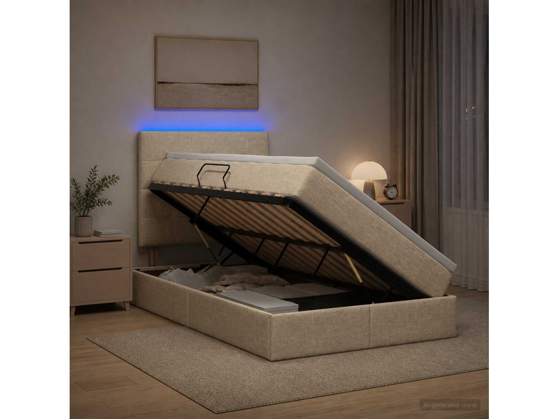 Vidaxl Cama De Armazenamento Led Com Colchão Creme 120 X 190 Cm Tecido