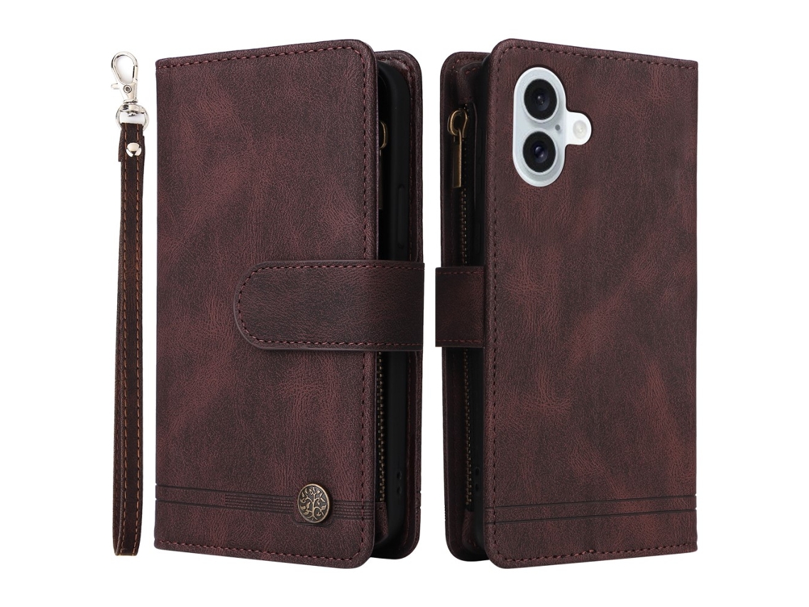 Capa Em Couro Pu Com Pega Para Apple Iphone 16 Plus - Castanho