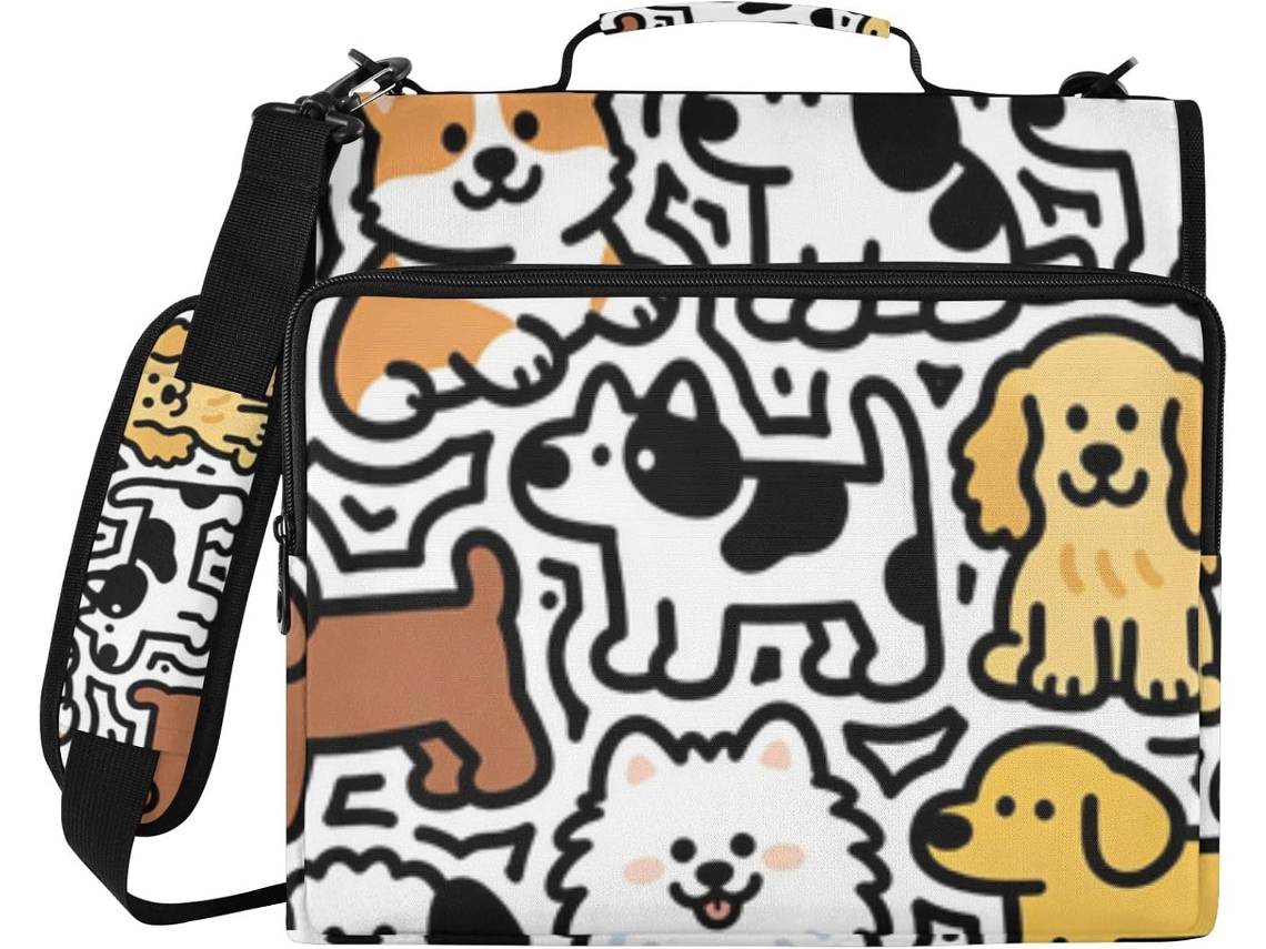 Mochila 3-Argolas com estampa de cachorrinho marrom, zíper e alça, inclui bolsa com zíper para escola e carteira.