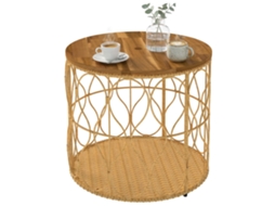 Mesa Lateral Ø50cm, Efeito Rattan, Tampo Acácia, Pés Ajustáveis, Teca