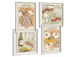 Composição De Quadros Na Parede Padrões Florais Amsterdã Paris Londres Moldura Branca Quadros Para O Escritório Espelharte (conjunto De 4 Imagens)