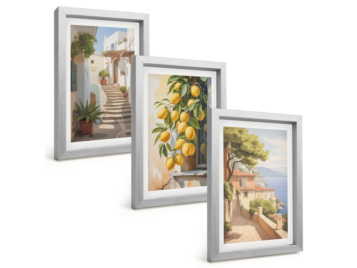 Conjunto De Pinturasruas, Limões, Vista Para O Mar Moldura Prateada Quadros Para A Sala De Estar Espelharte (3 Peças 20x30 Cm)