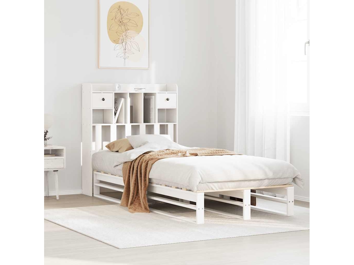 Vidaxl Cama Com Estante Sem Colchão 90x200 Cm Pinho Maciço Branco