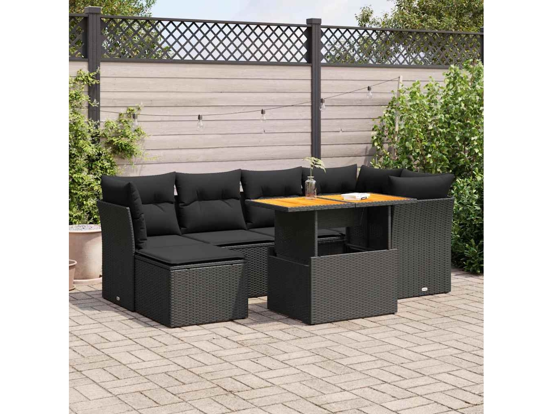 Vidaxl 7 Pcs Conjunto de Sofás P/ Jardim C/ Almofadões Vime Pe Preto