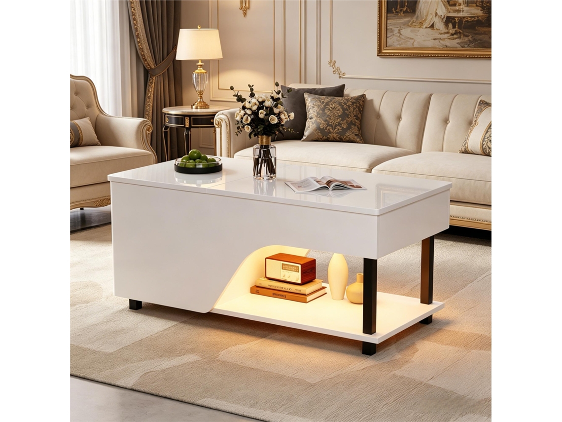 Mesa De Centro Elevável Pangivo Com Led E Arrumação Branco 100x50x46 Cm