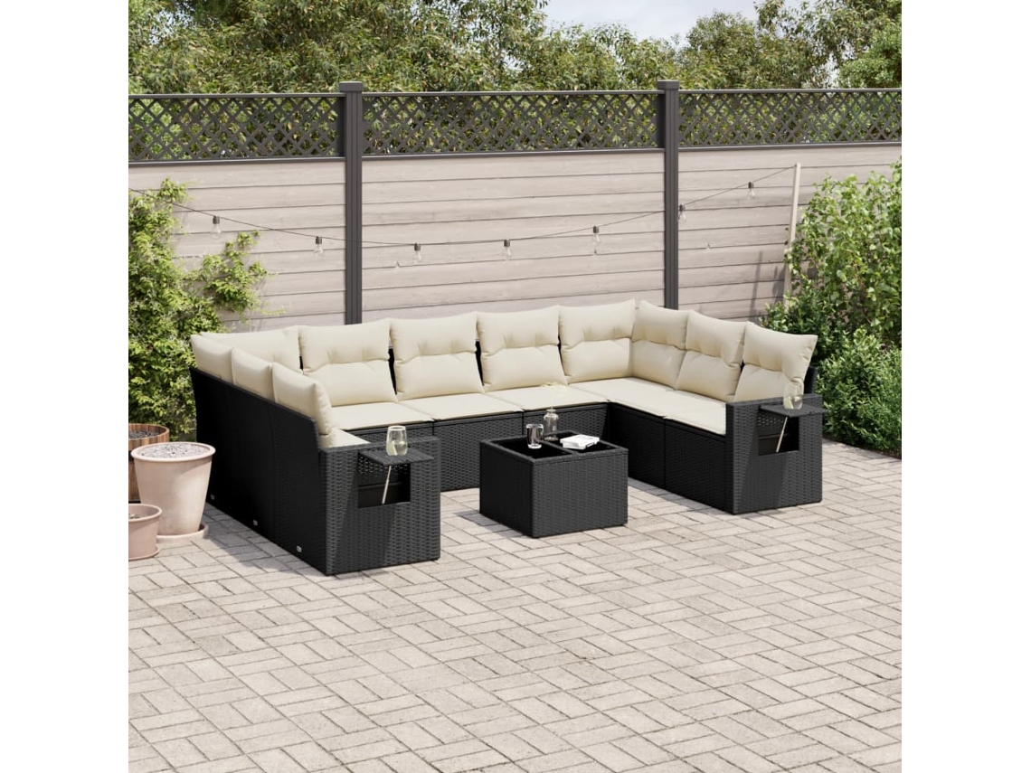 Vidaxl 10 Pcs Conjunto Sofás de Jardim C/ Almofadões Vime Pe Preto