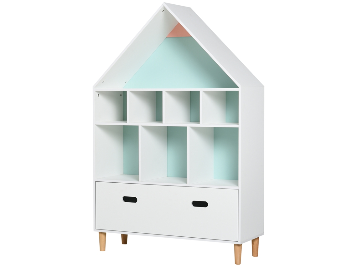 Estante De Madeira Infantil Em Forma De Casa Para Crianças Com 8 Compartimentos Abertos E Gaveta De 2 Cores 82x30x126cm Branco