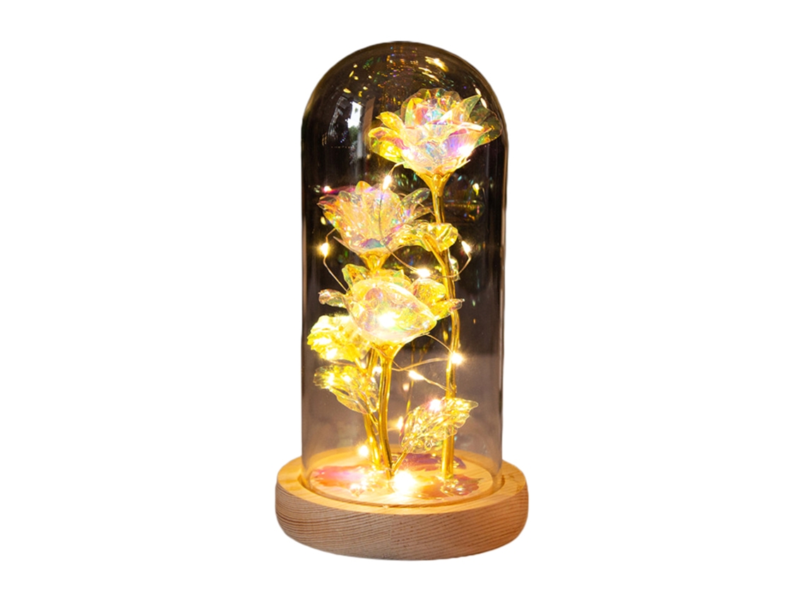 Luz de Rosa Led com Rosa Artificial Preservada em Vidro Base de Madeira para Decoração com S/MARCA