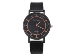 Relógio masculino de quartzo com pulseira de malha, mostrador redondo, estilo casual, dourado e preto.