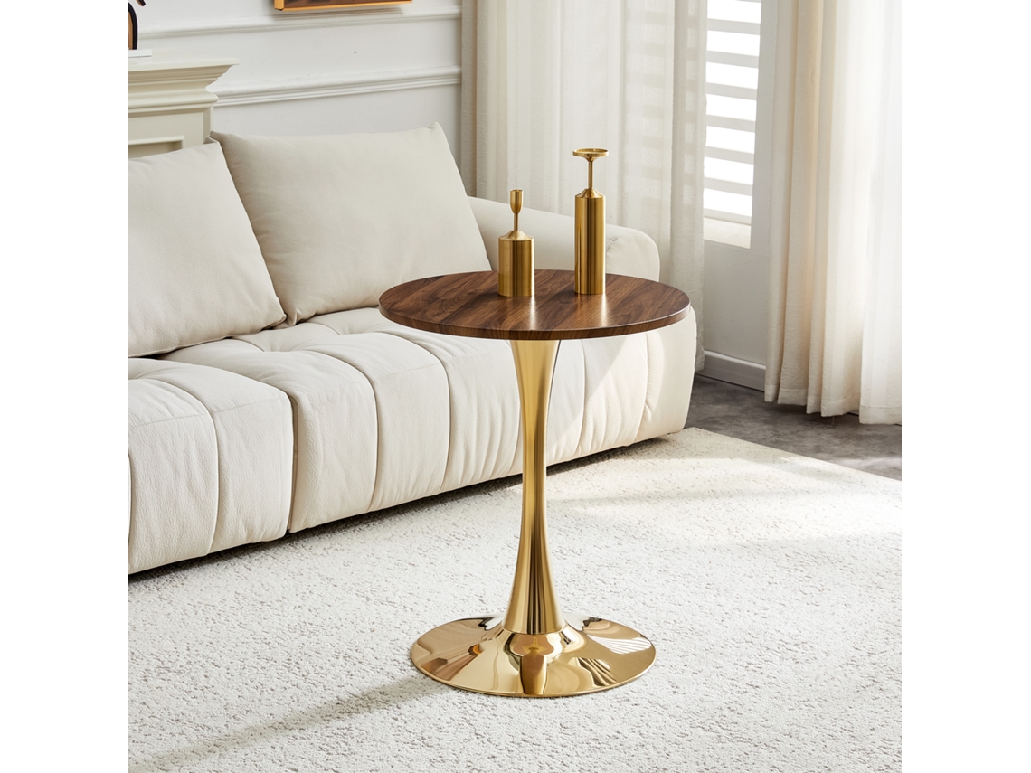 Mesa Lateral 60cm Redonda Mdf Nogueira Dourada