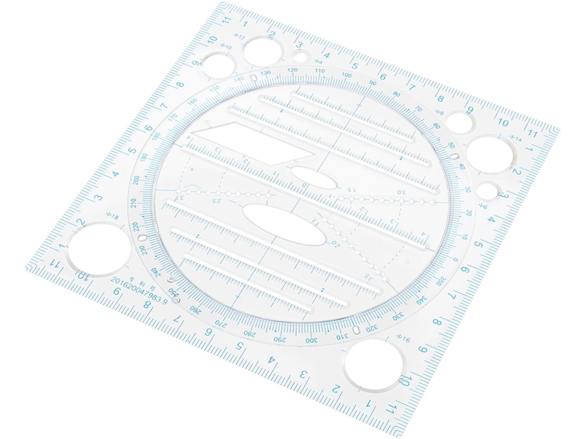 Régua multifuncional Ultechnovo em plástico azul com design geométrico para medições precisas, ideal para estudantes e uso.