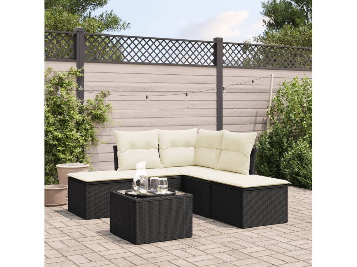 6 Pcs Conjunto Sofás De Jardim C/ Almofadões Vime Pe Preto Lovely Home