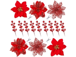 30 Peças Flores Poinsettia E Frutos Artificiais Com Clips Para Decoração De Natal (vermelho)