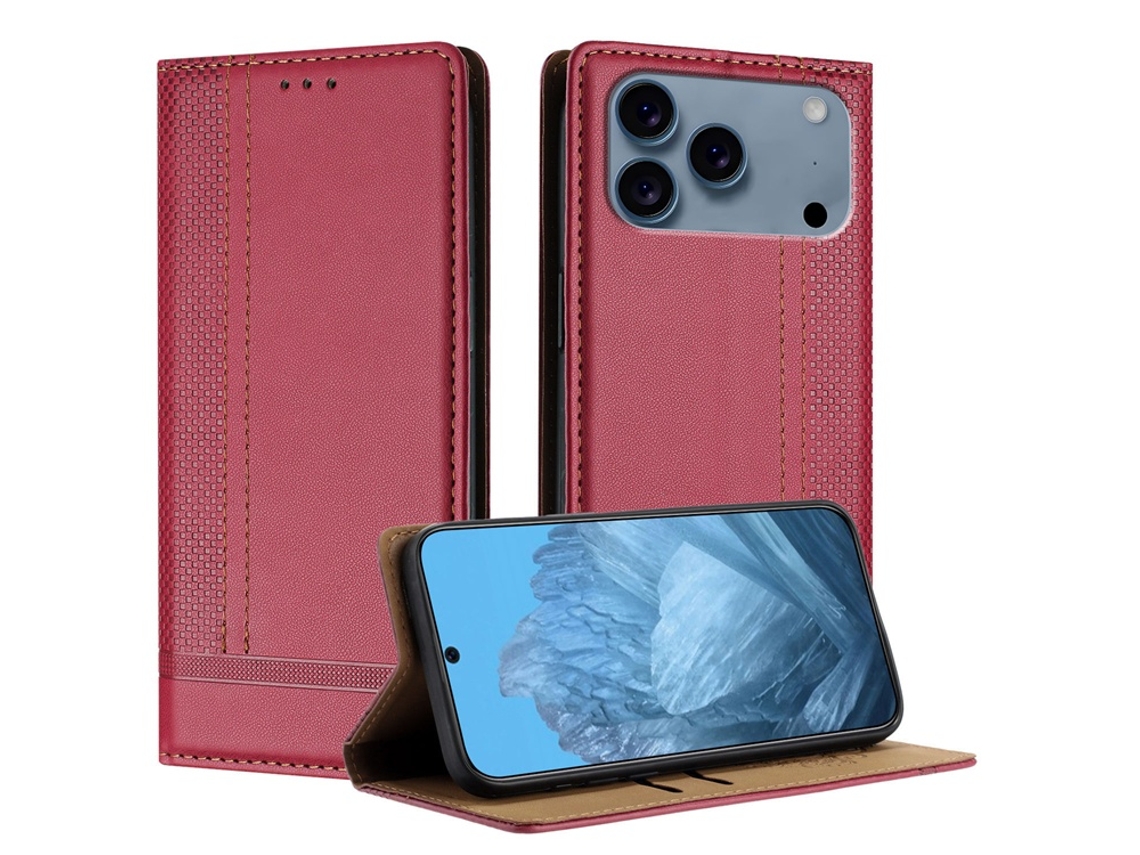 Capa Carteira Em Formato De L Com Padrão Quadriculado Para Iphone 17 Pro - Vermelha