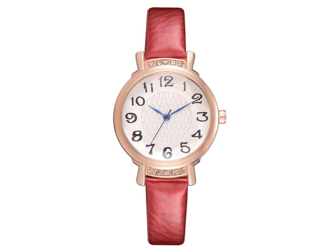 Relógio de Pulso Feminino Casual com Strass Números Árabes Quartz Vermelho