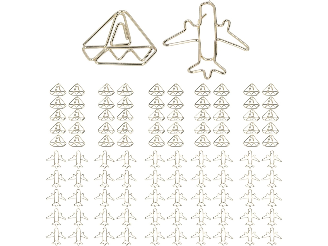 Clips de papel em metal dourado e leve com formato exclusivo, acompanhados de caixa para armazenamento, ideais para