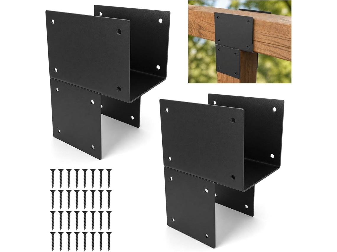 2 suportes de viga pretos de 15 cm x 15 cm (na verdade, 14 cm x 14 cm) | Conector de ancoragem de viga, suporte de canto para pérgola em aço.