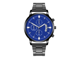 Relógio masculino de quartzo, calendário, mostrador redondo, pulseira de aço preta e azul.