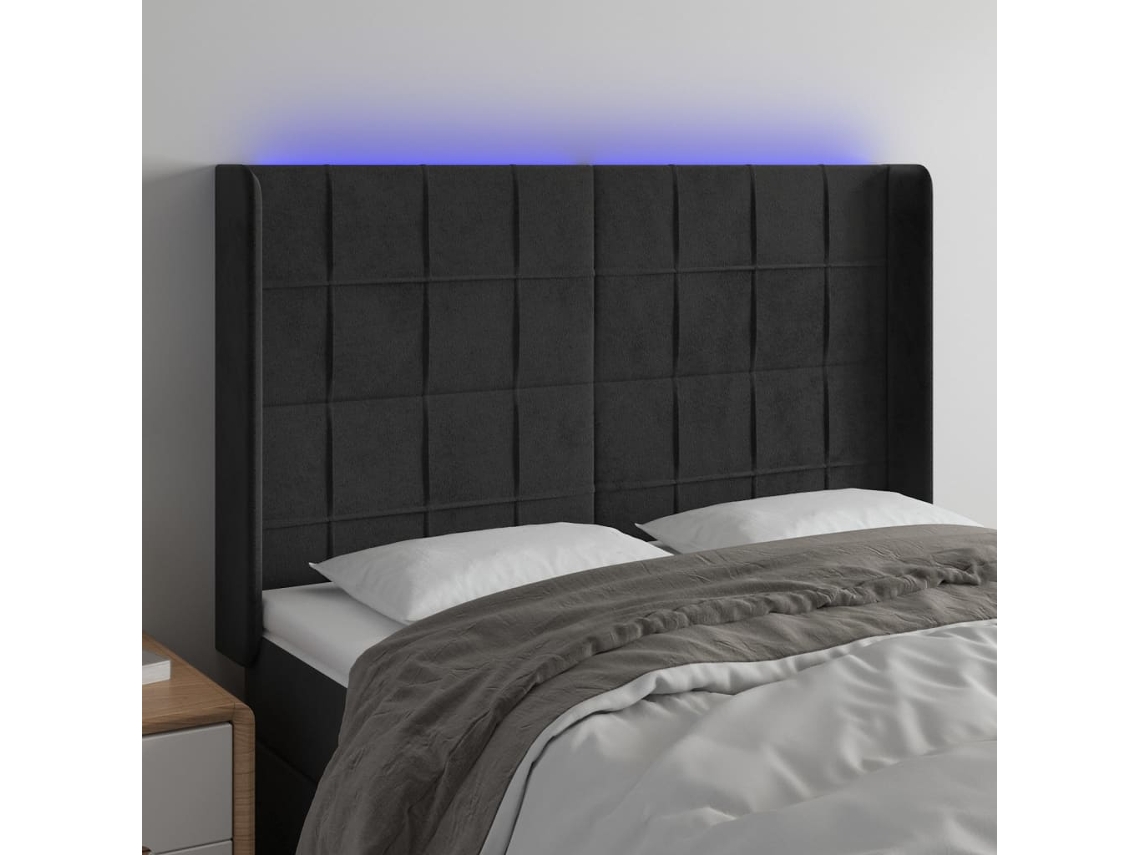 Vidaxl Cabeceira De Cama C/ Luzes Led Veludo 147x16x118/128 Cm Preto