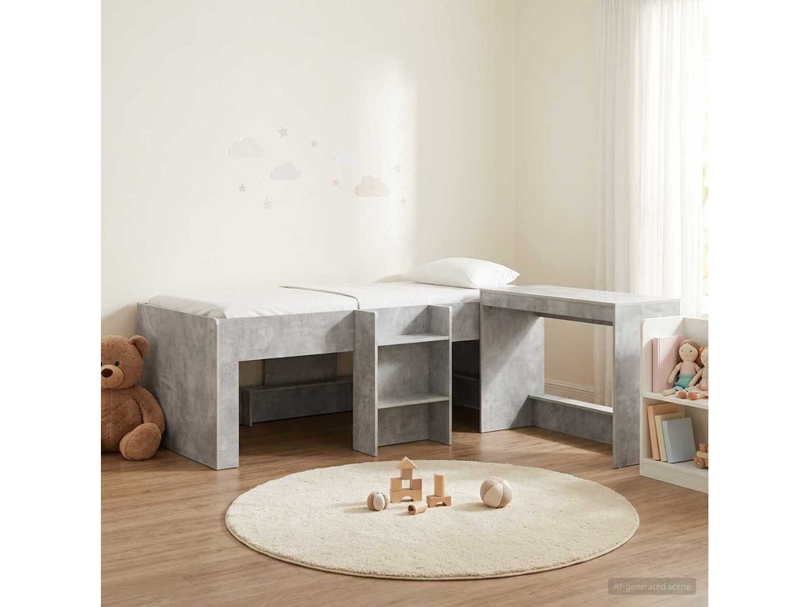 Vidaxl Cama Alta Para Crianças Com Mesa 2 Unid. Cinzento Cimento