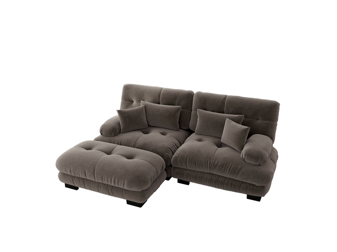 Sofá Chenille Cloud Marrom para Sala de Estar, Sofá Duplo com Almofadas e Braços Longos, Inclui Puff Confortável