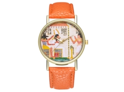 Relógio de pulso de quartzo com mostrador vintage e pulseira de couro para mulheres e homens (laranja)