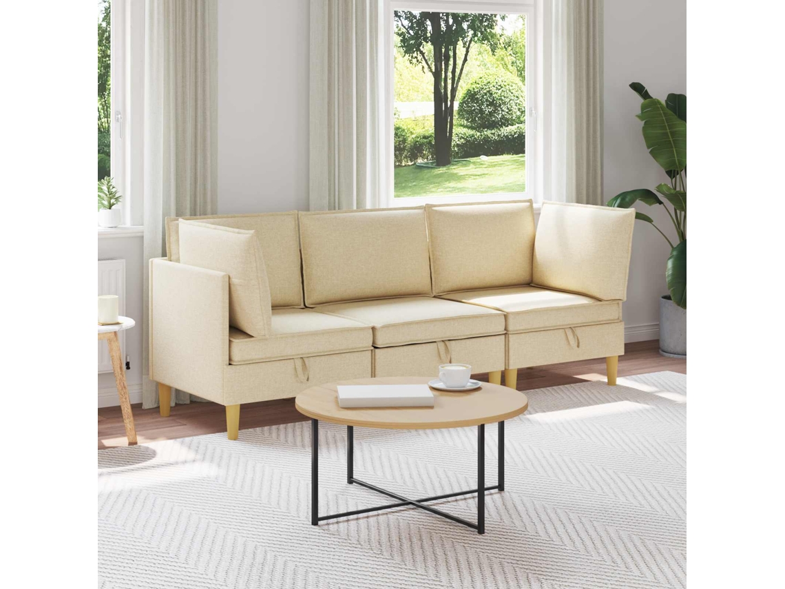 Vidaxl Conjunto De Sofá Modular Com Armazenamento 3 Unid. Creme Tecido