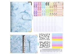 A6 Macaron Marble Grain Pu Leather Budget Binder With Corner Protector Blue, Includes 8-zipper Pockets, 12-cash