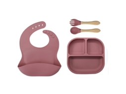 Talheres Infantil de Silicone 4 em 1 com Prato, Babete, Colher e Garfo,rosa Escuro GERTIZ