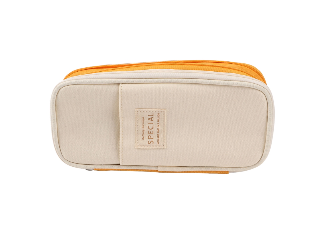 Estojo grande de lona estilo simples com bolsos de tela e zíper suave, amarelo e bege.